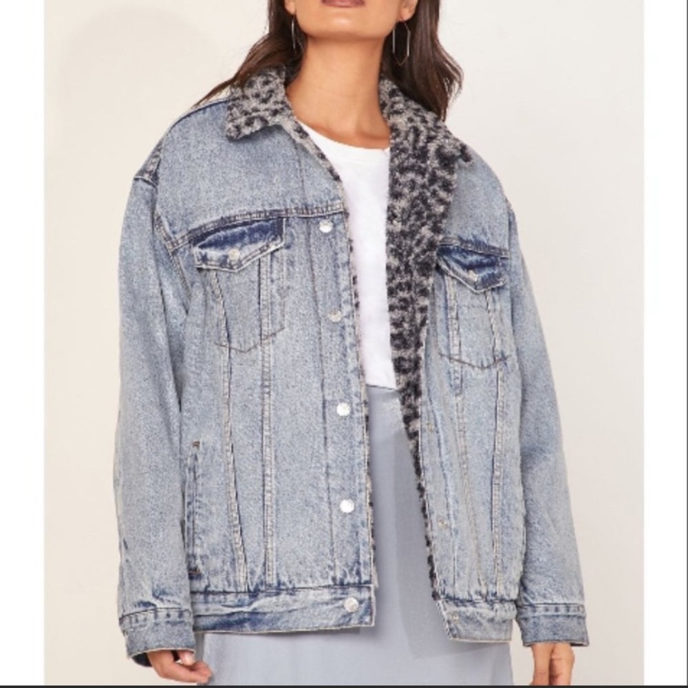 Free People Wild Ones Leopard Print Sherpa Oversized trucker jacket